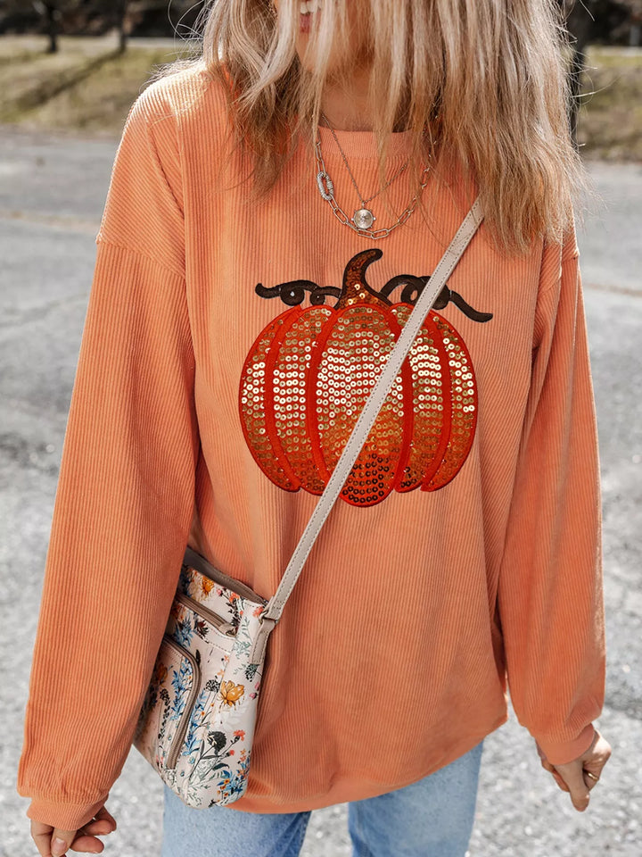Sequin pumpkin ribbed corded crew neck sweatshirt
