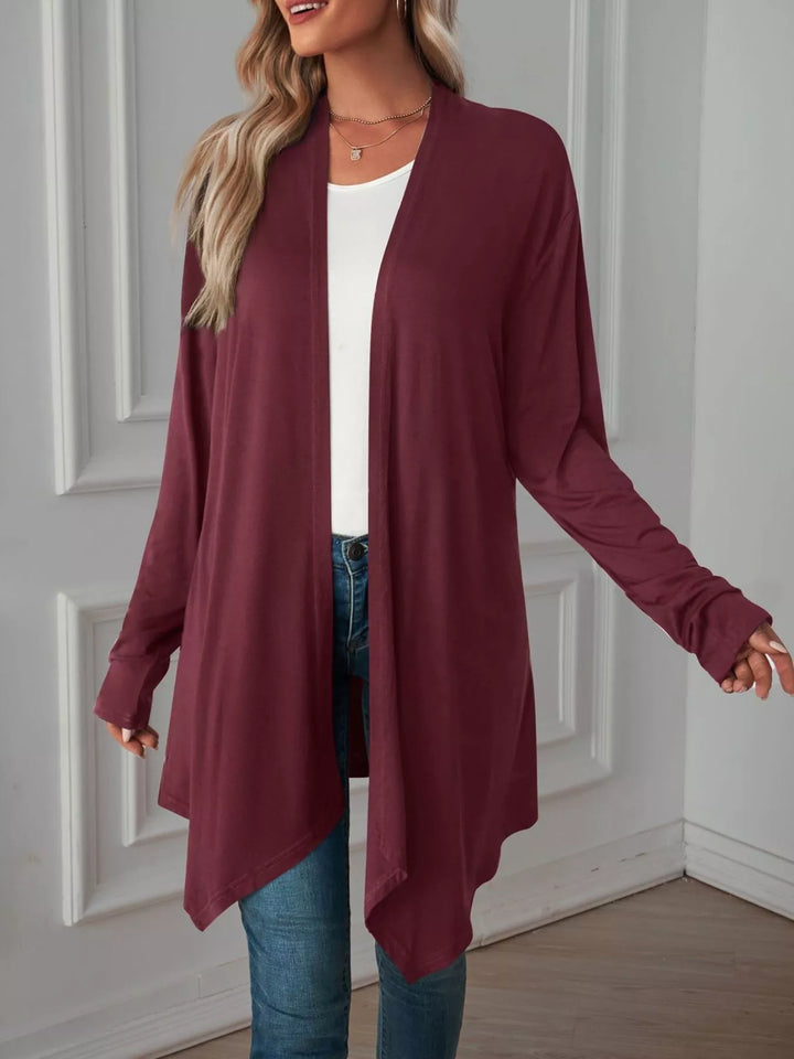 Lightweight open front cardigan with draped waterfall hem