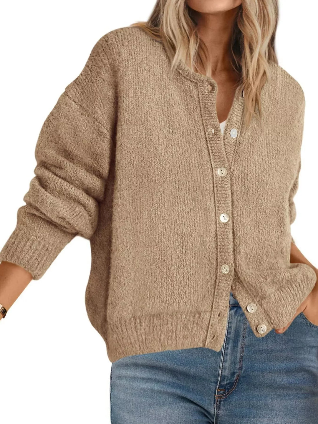Button-front dropped shoulder knit cardigan