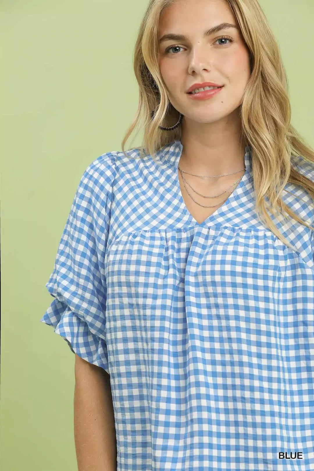 Gingham check V-neck blouse with ruffle puff sleeves