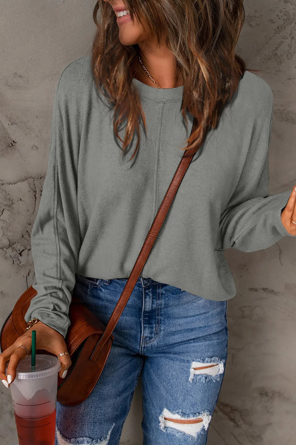 Heather Gray Relaxed drop-shoulder round neck long sleeve top