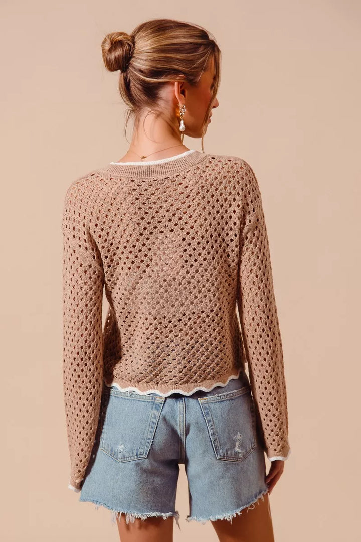 Open knit button-front cardigan with scallop contrast trim