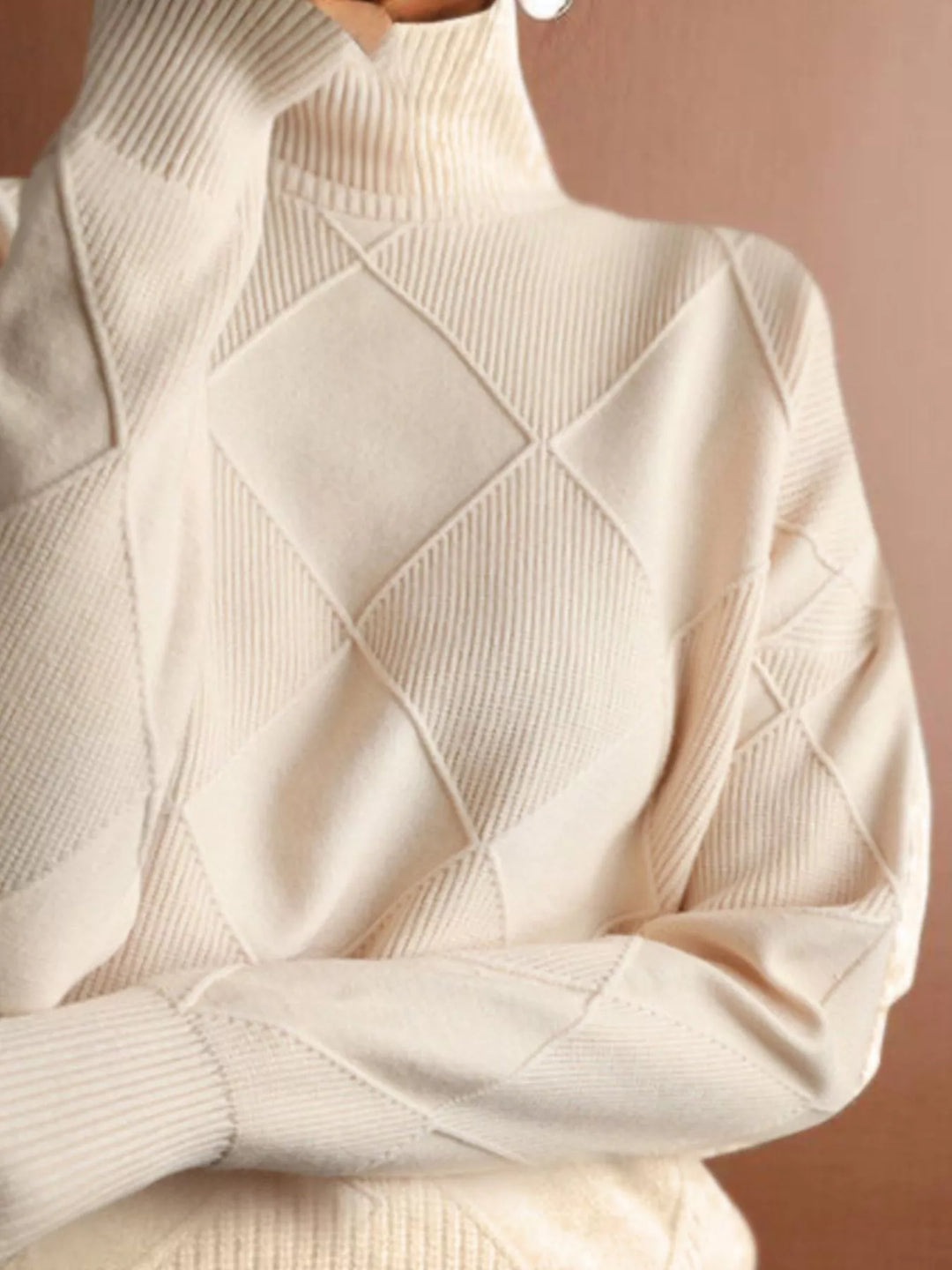 Textured argyle knit turtleneck sweater with ribbed cuffs