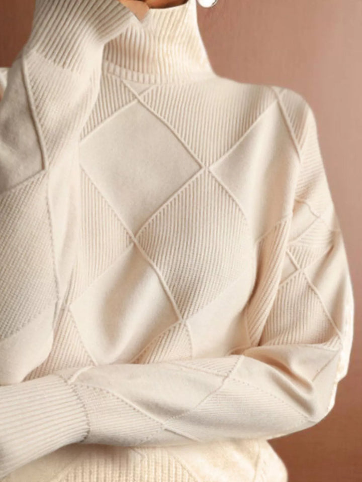Textured argyle knit turtleneck sweater with ribbed cuffs