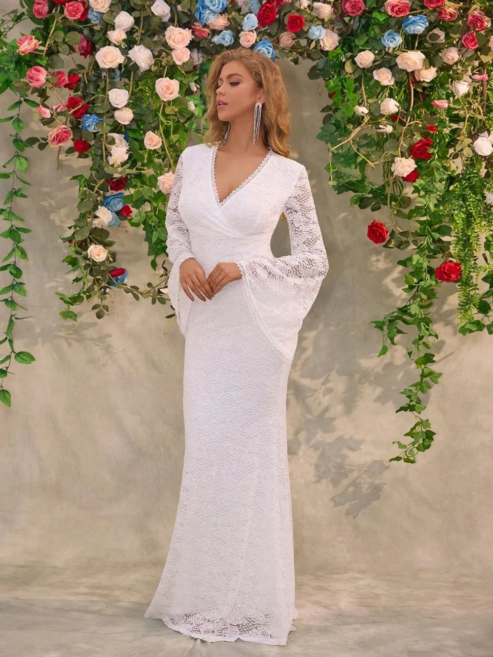 Surplice v-neck lace maxi dress with flare sleeves