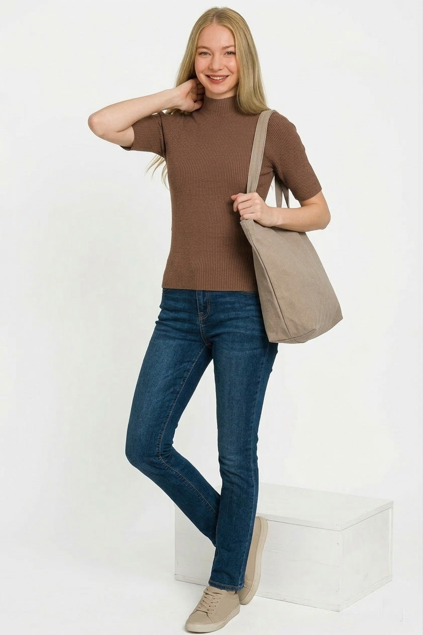 Ribbed mock neck short sleeve sweater top