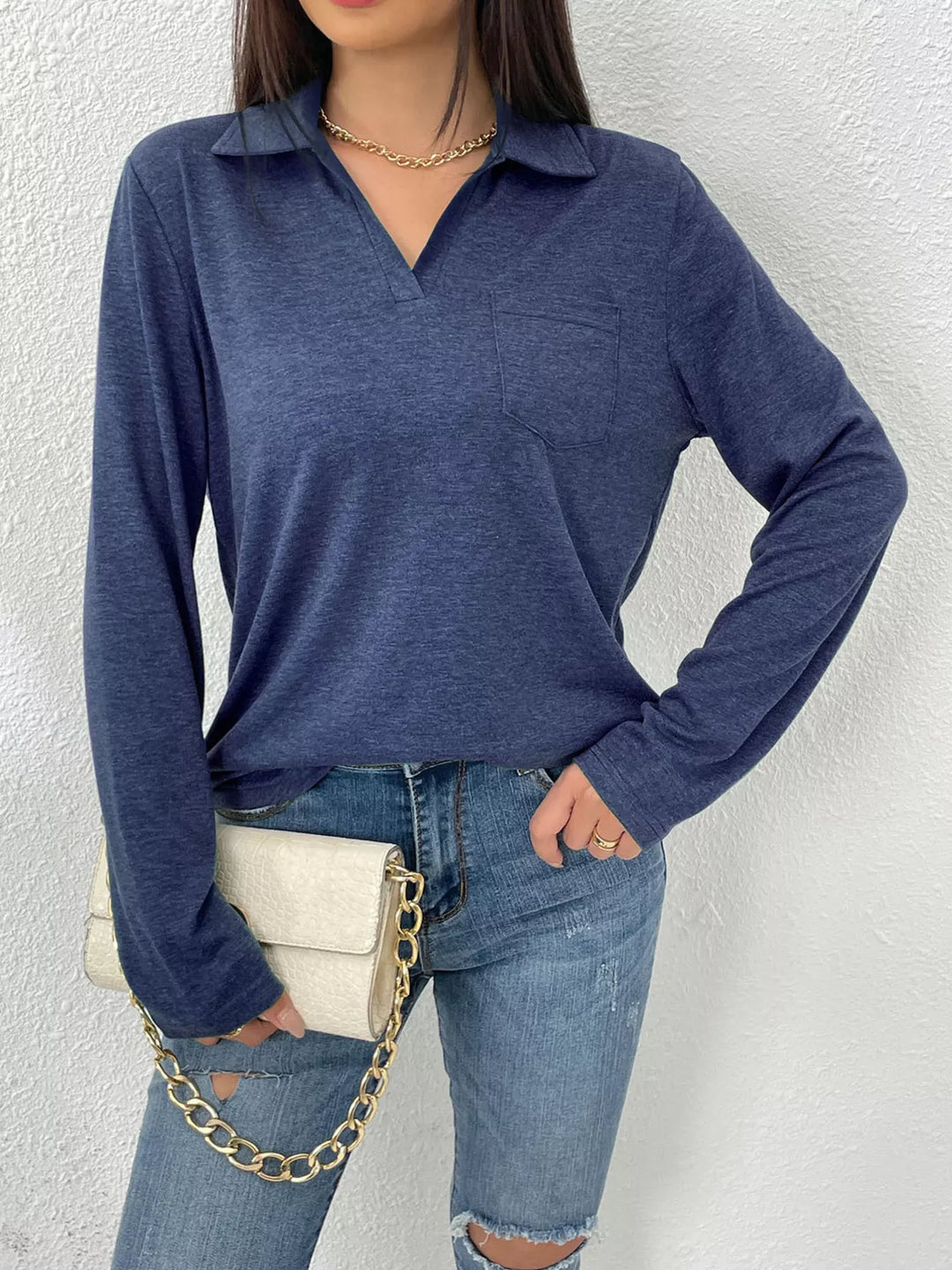 Dark Blue Collared long sleeve polo top with chest pocket