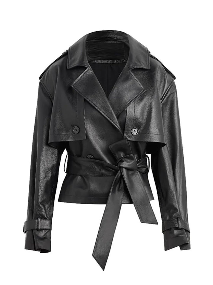 Belted cropped faux leather trench jacket with notch lapels