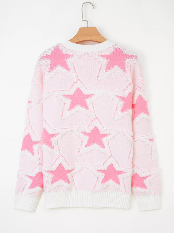 Oversized star knit sweater with drop shoulders and ribbed trim