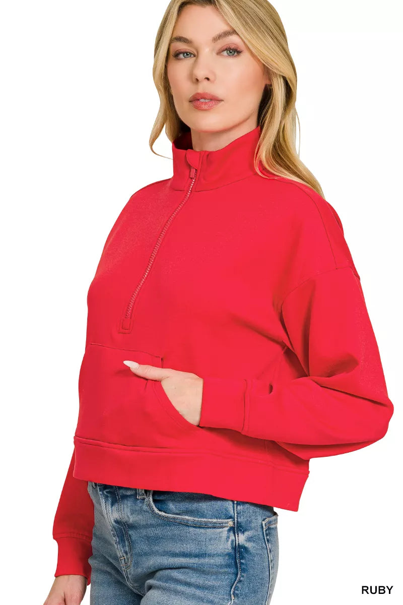 Cropped scuba half-zip pullover with kangaroo pocket