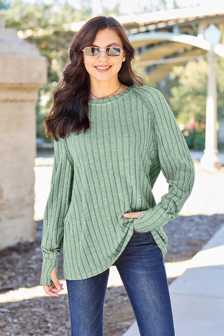 Light Green Ribbed knit round neck long sleeve top with curved hem