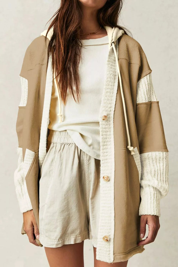 Color block button-front hoodie with contrast knit trim