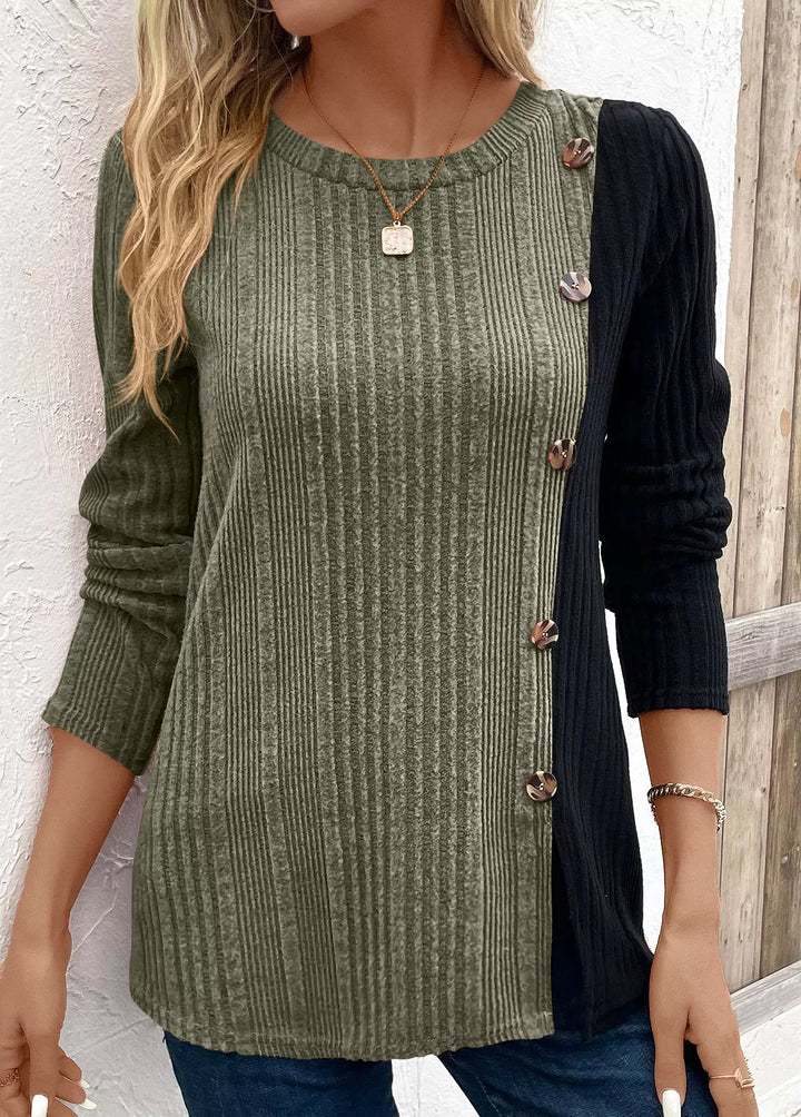 Color block ribbed knit long sleeve button top