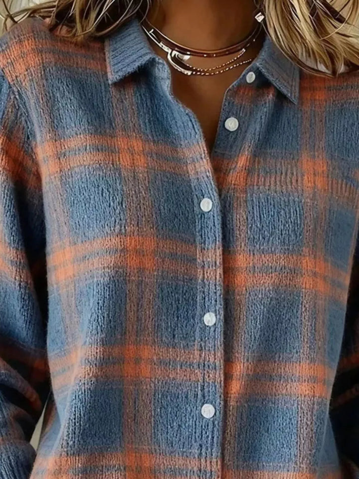Plaid button-down knit cardigan with ribbed cuffs and hem