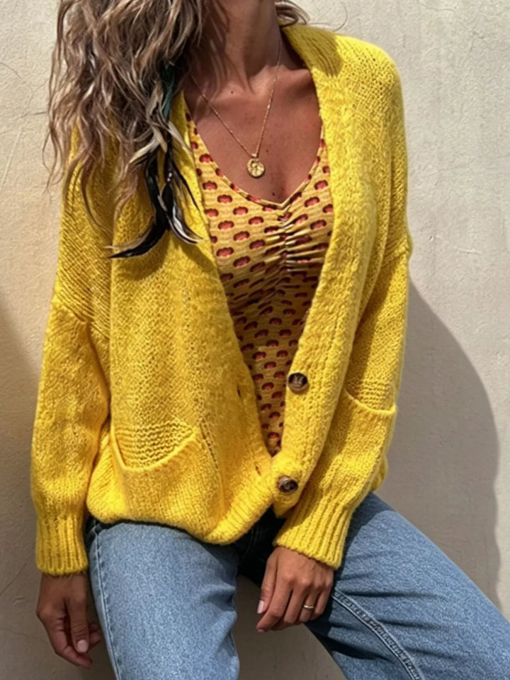 Yellow Oversized chunky knit button-up cardigan with ribbed cuffs