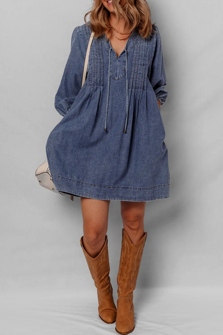 Pintucked tie-neck long sleeve denim mini dress