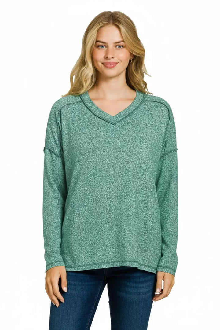 Melange hacci exposed-seam V-neck long sleeve top