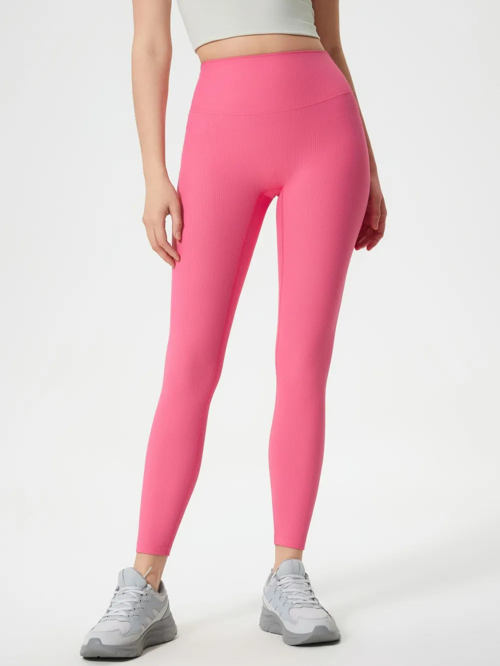 Pink Ribbed high-waist active leggings with contoured waistband