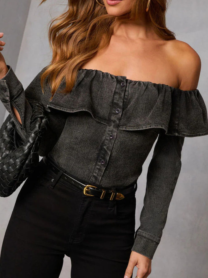 Off-shoulder ruffled denim top with button front