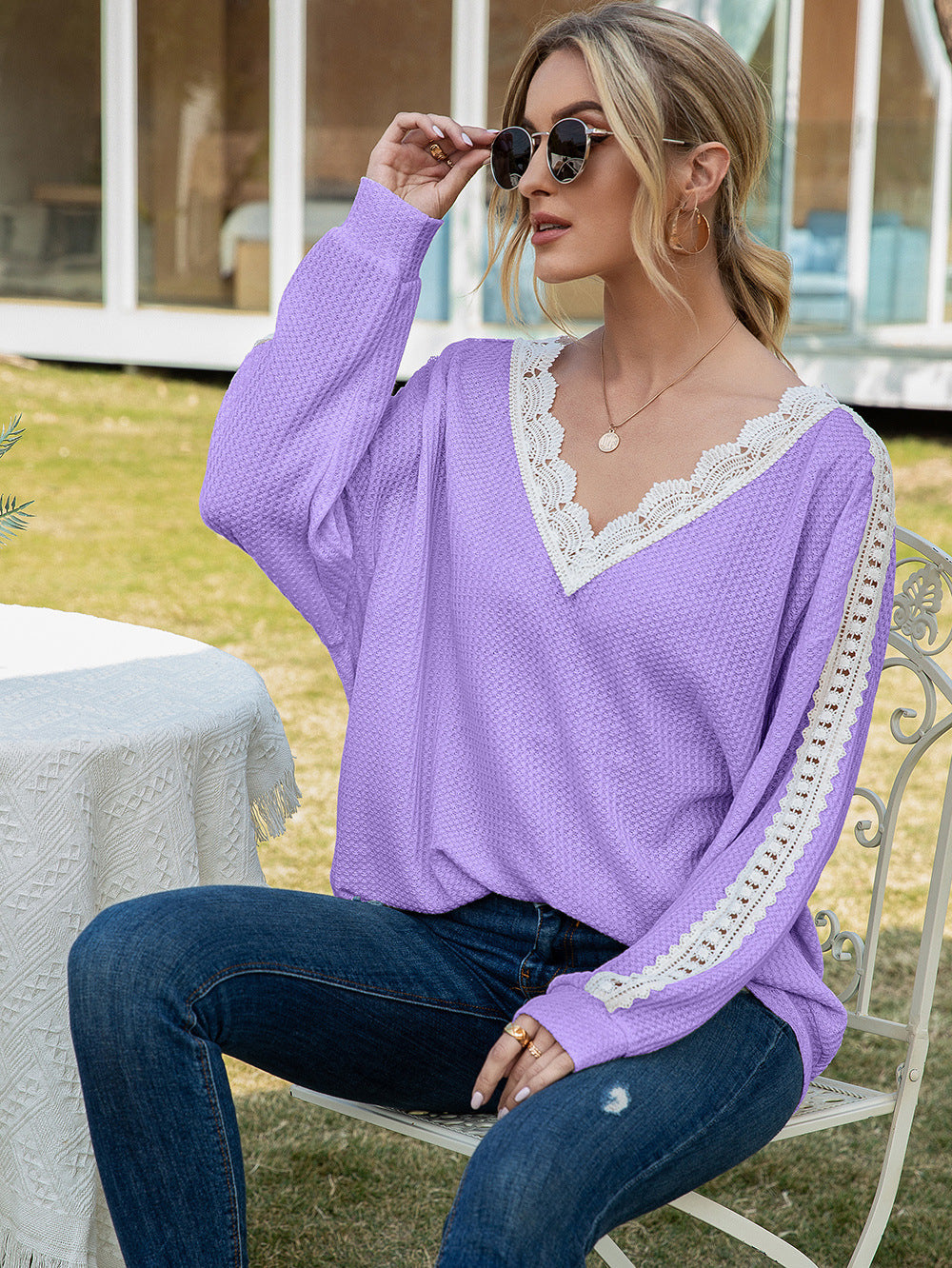 Contrast lace-trim waffle knit V-neck top