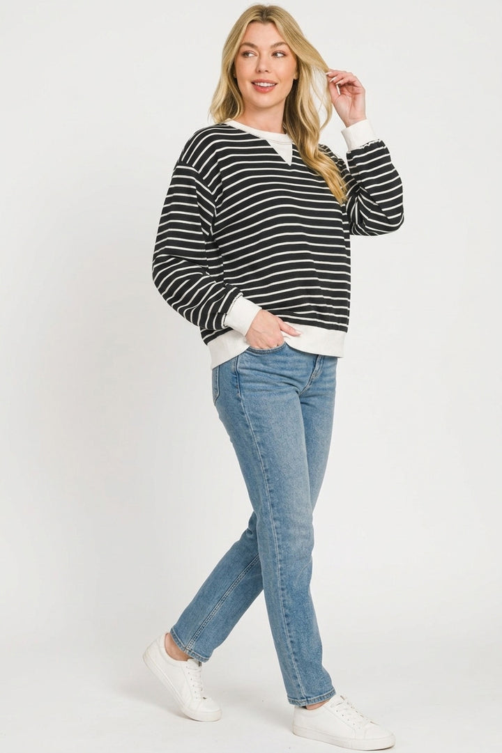 Striped rib-banded crewneck pullover sweatshirt