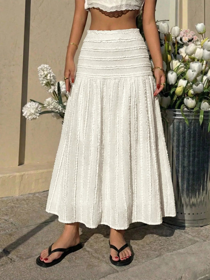 Ivory Ruched textured smocked-waist A-line midi skirt