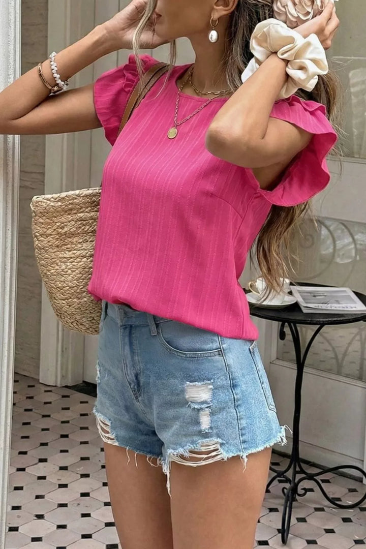 Textured ruffle cap sleeve crew neck blouse