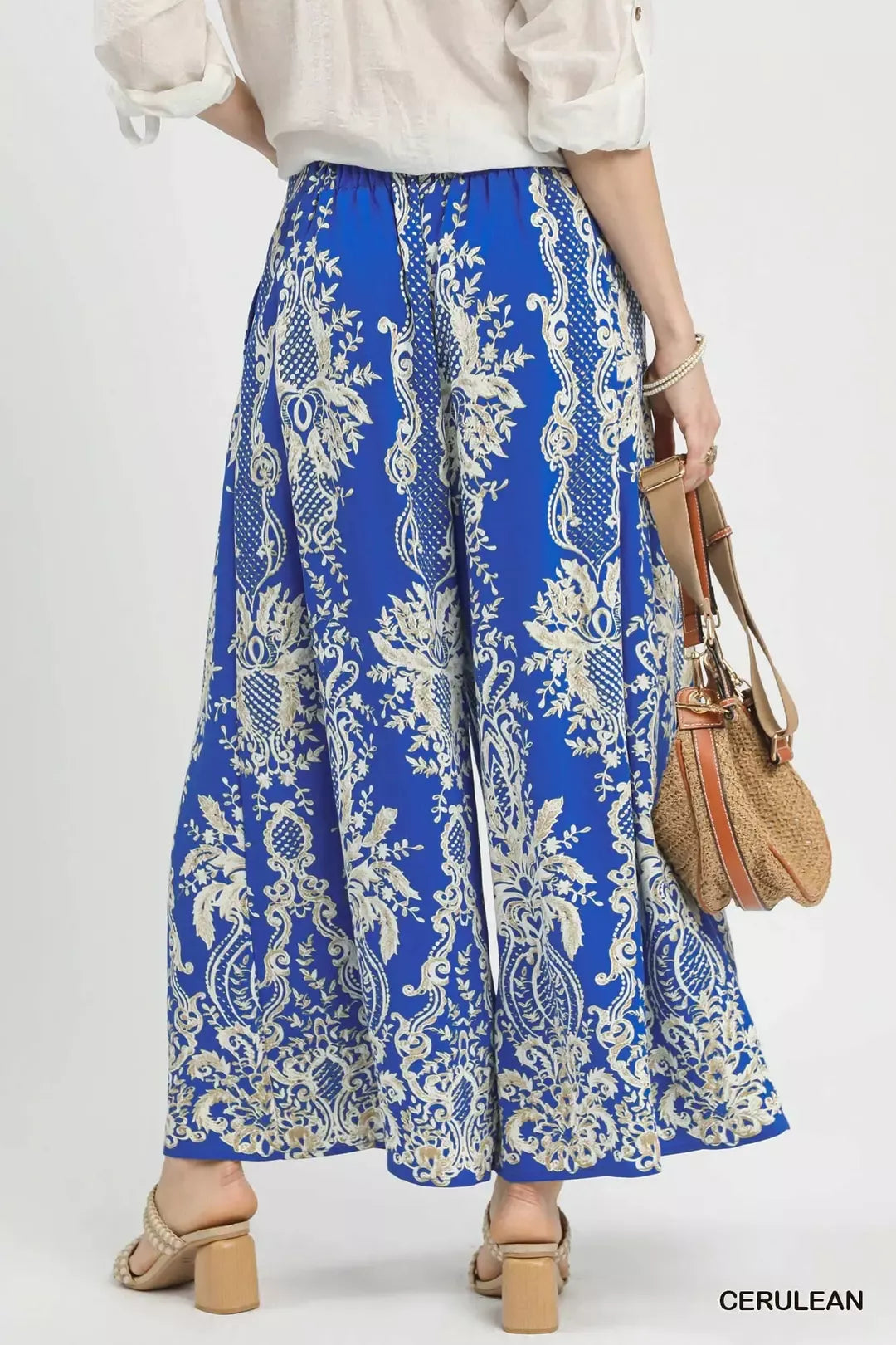 Border print wide leg pants with elastic waist and pockets