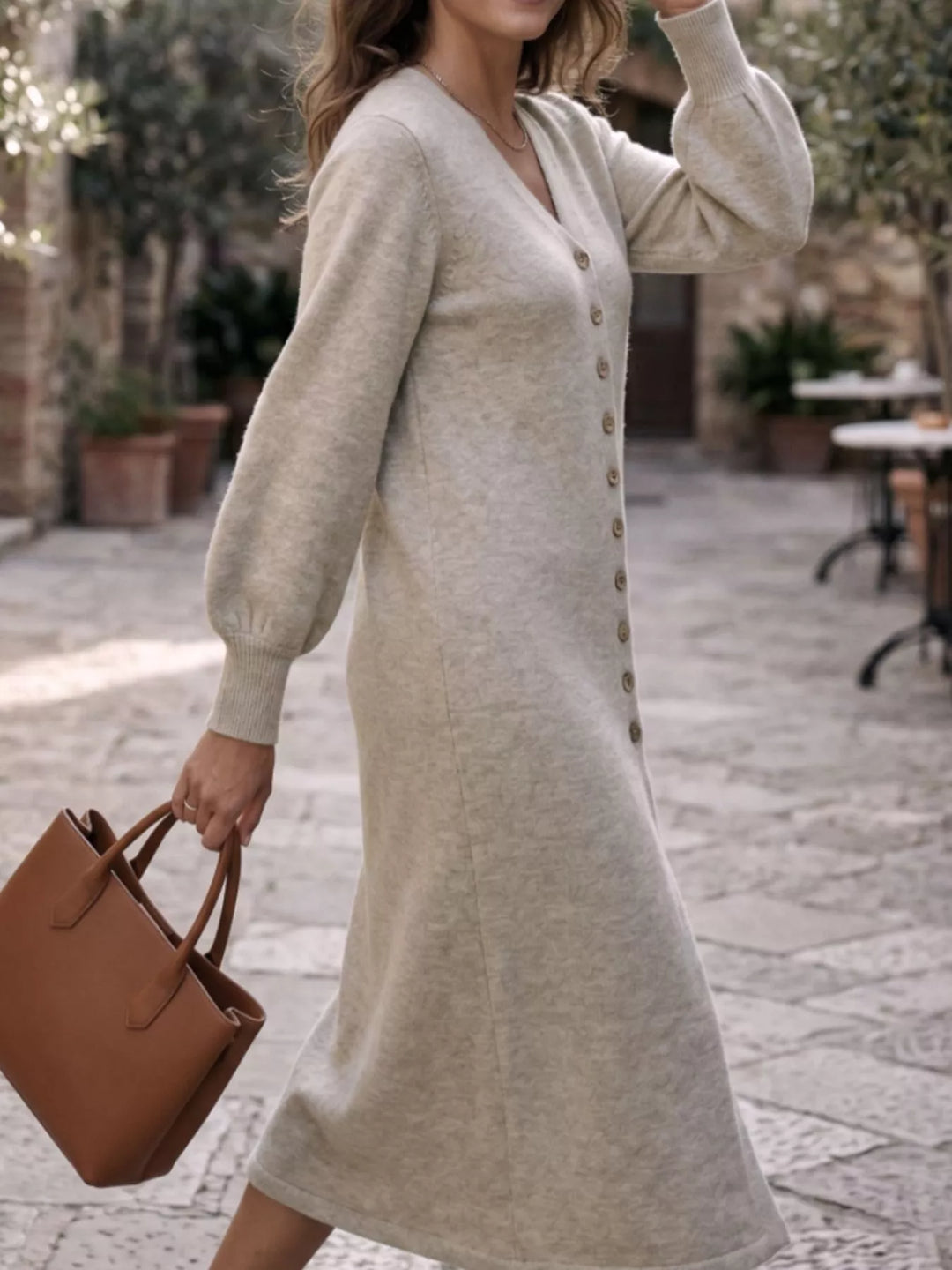 Button-front V-neck knit sweater midi dress