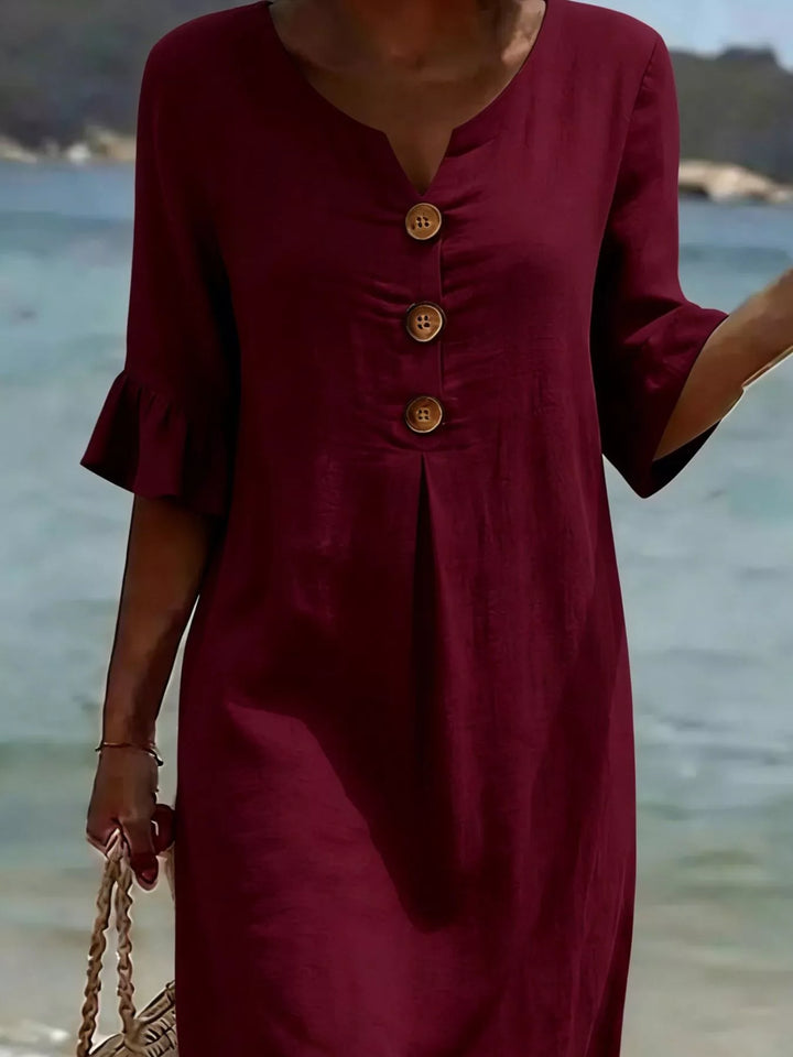 Burgundy Flounce sleeve button-front pleated midi dress