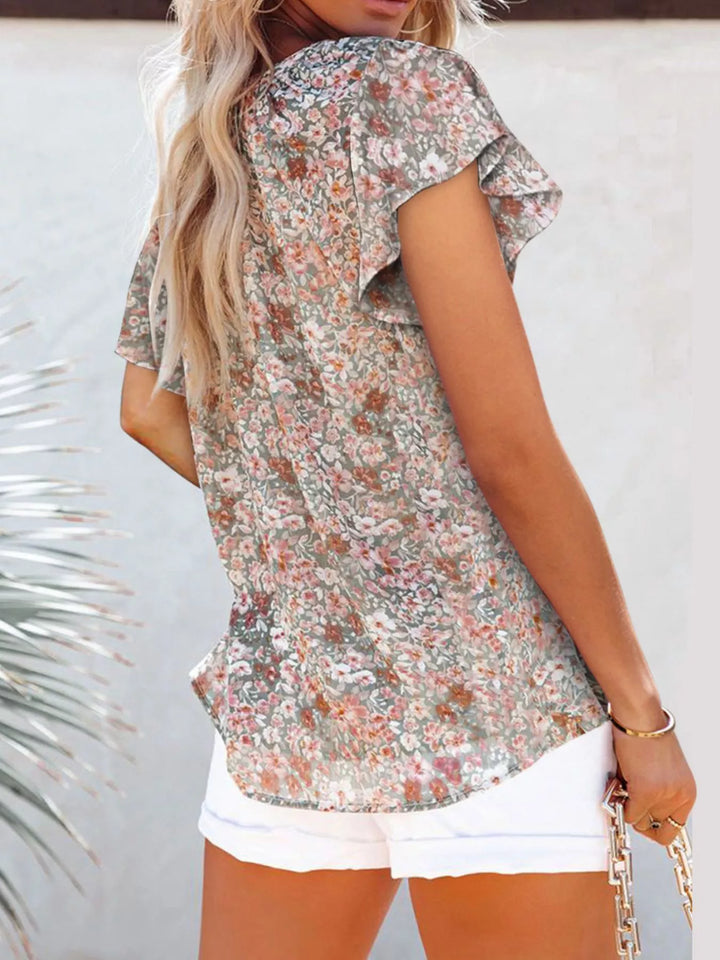 Floral print flutter sleeve V-neck blouse
