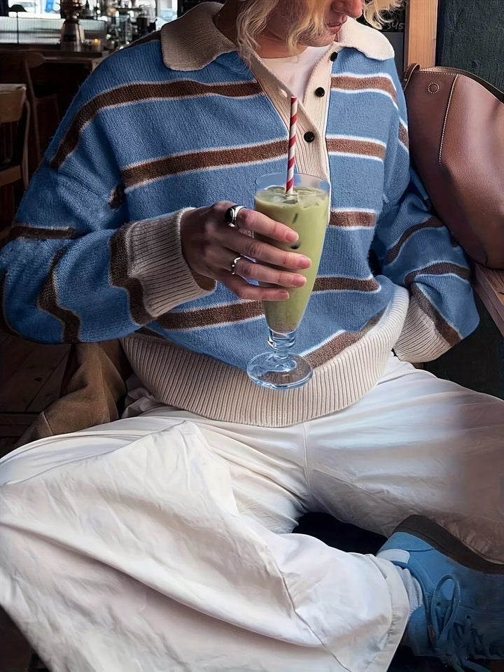 Striped henley sweater with ribbed button placket