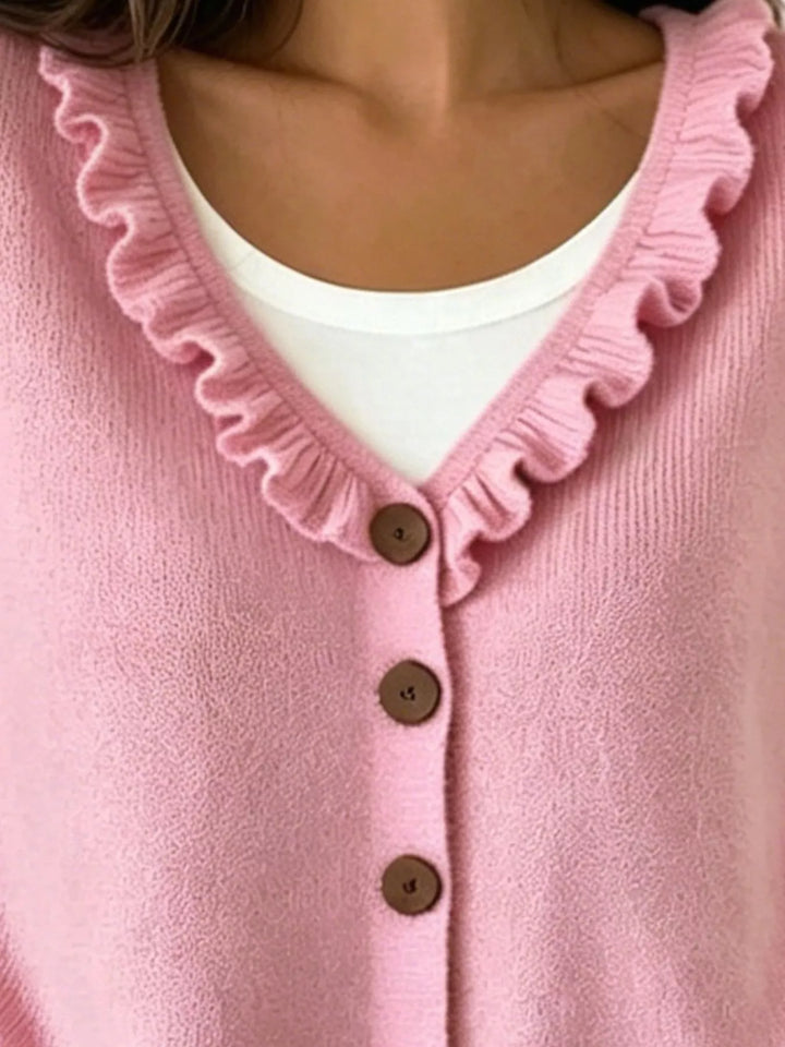 Ruffle-trim V-neck button-front knit cardigan