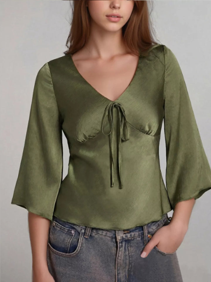Green Satin tie-front blouse with bell sleeves and V-neck