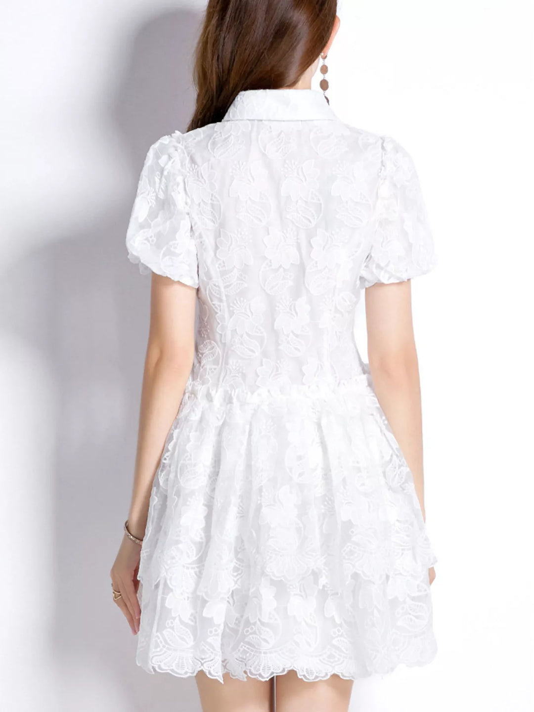 Floral lace puff sleeve mini dress with tiered skirt