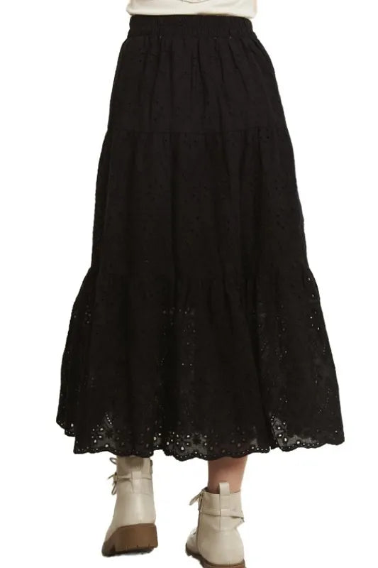 Tiered eyelet cotton midi skirt with elastic waist