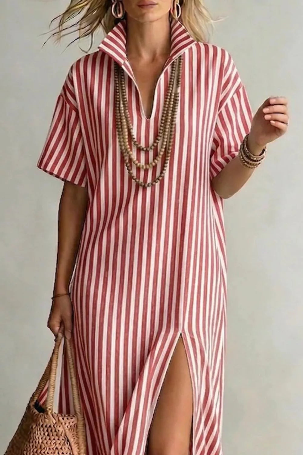 Striped collared maxi dress with high front slit