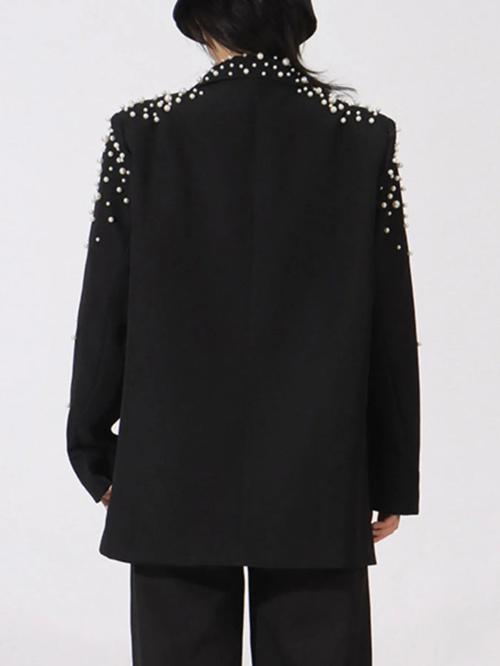 Pearl beaded double-breasted blazer with rosette appliques