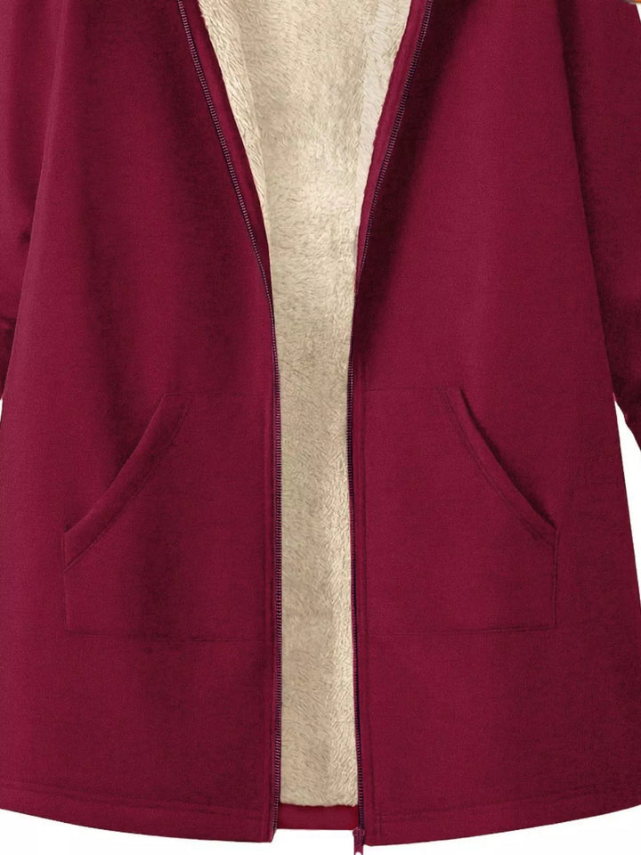 Sherpa-lined hooded zip longline jacket with pockets
