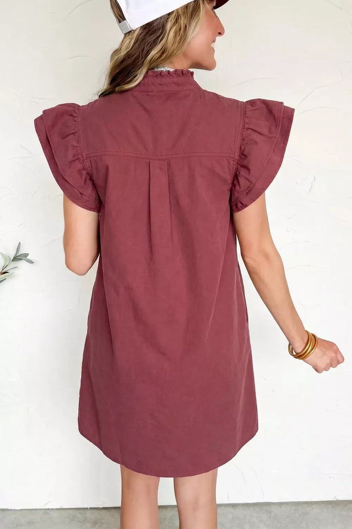 Ruffle placket flutter sleeve denim mini dress