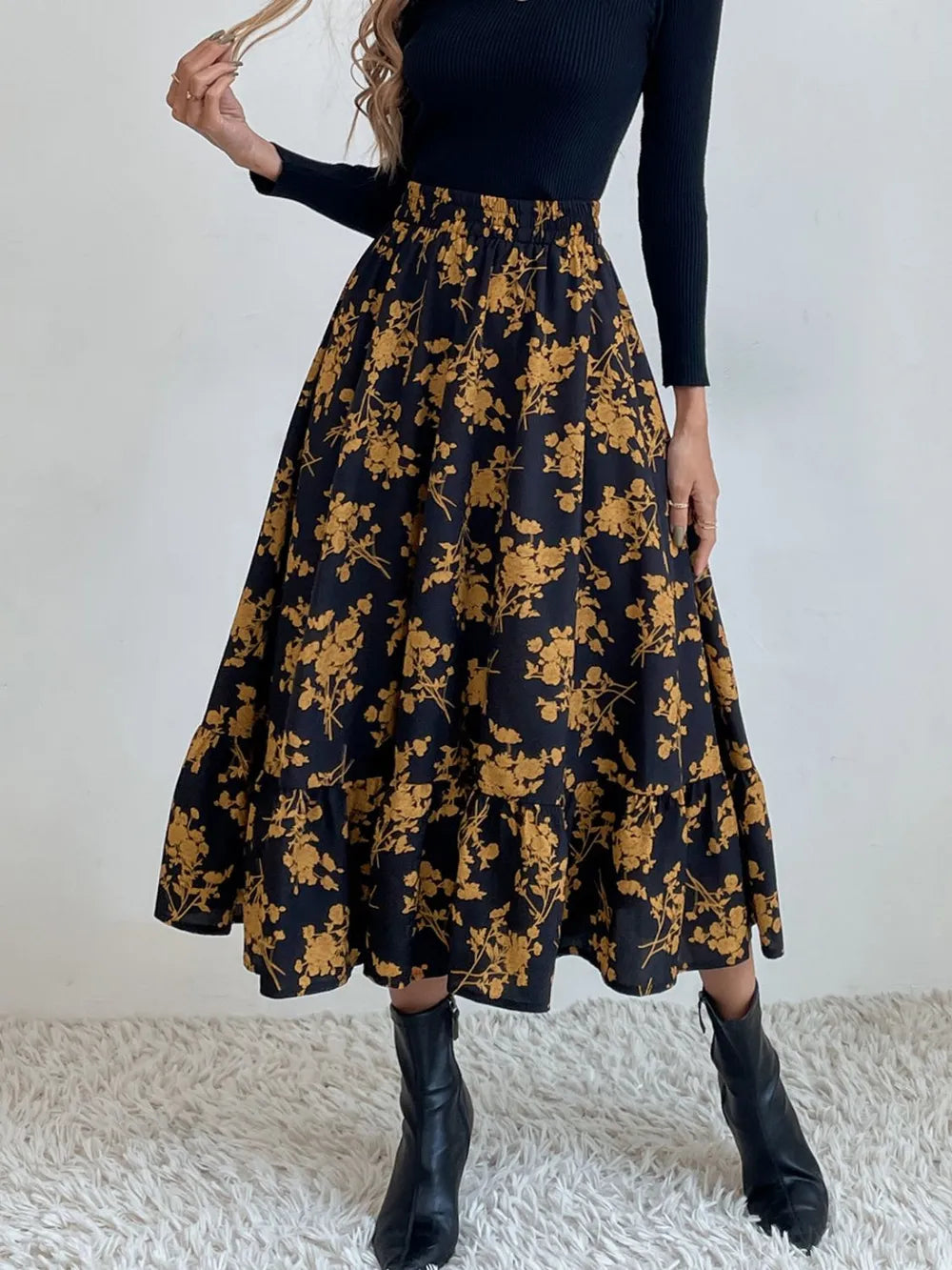 Black Flared ruffle-tier midi skirt with elastic waist