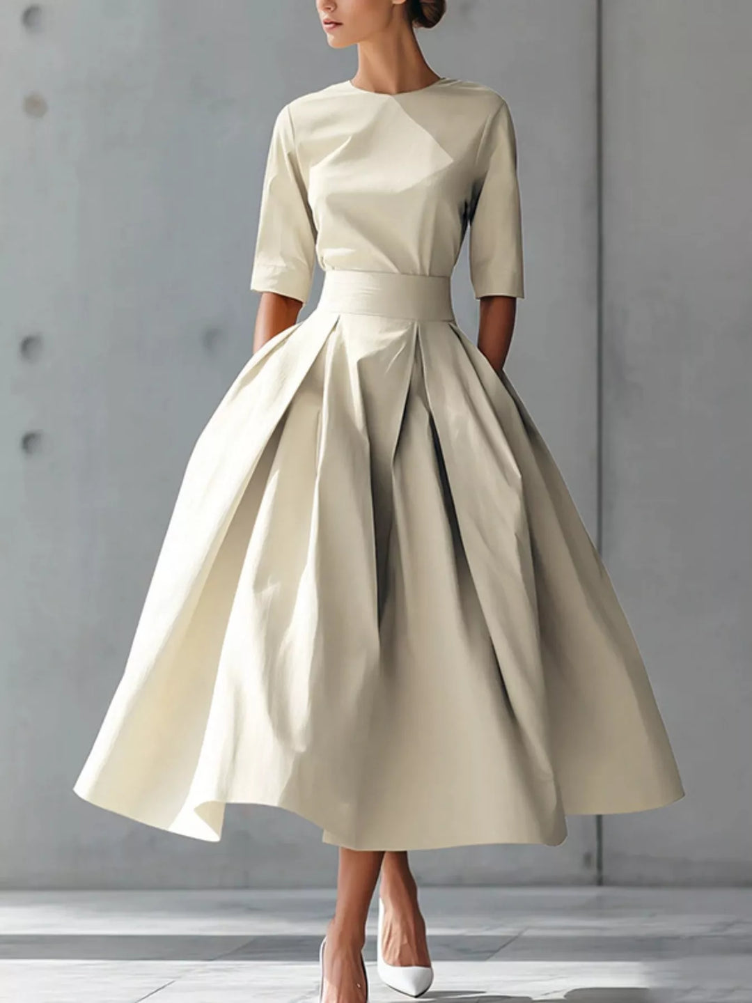 White A-line pleated midi dress with side pockets