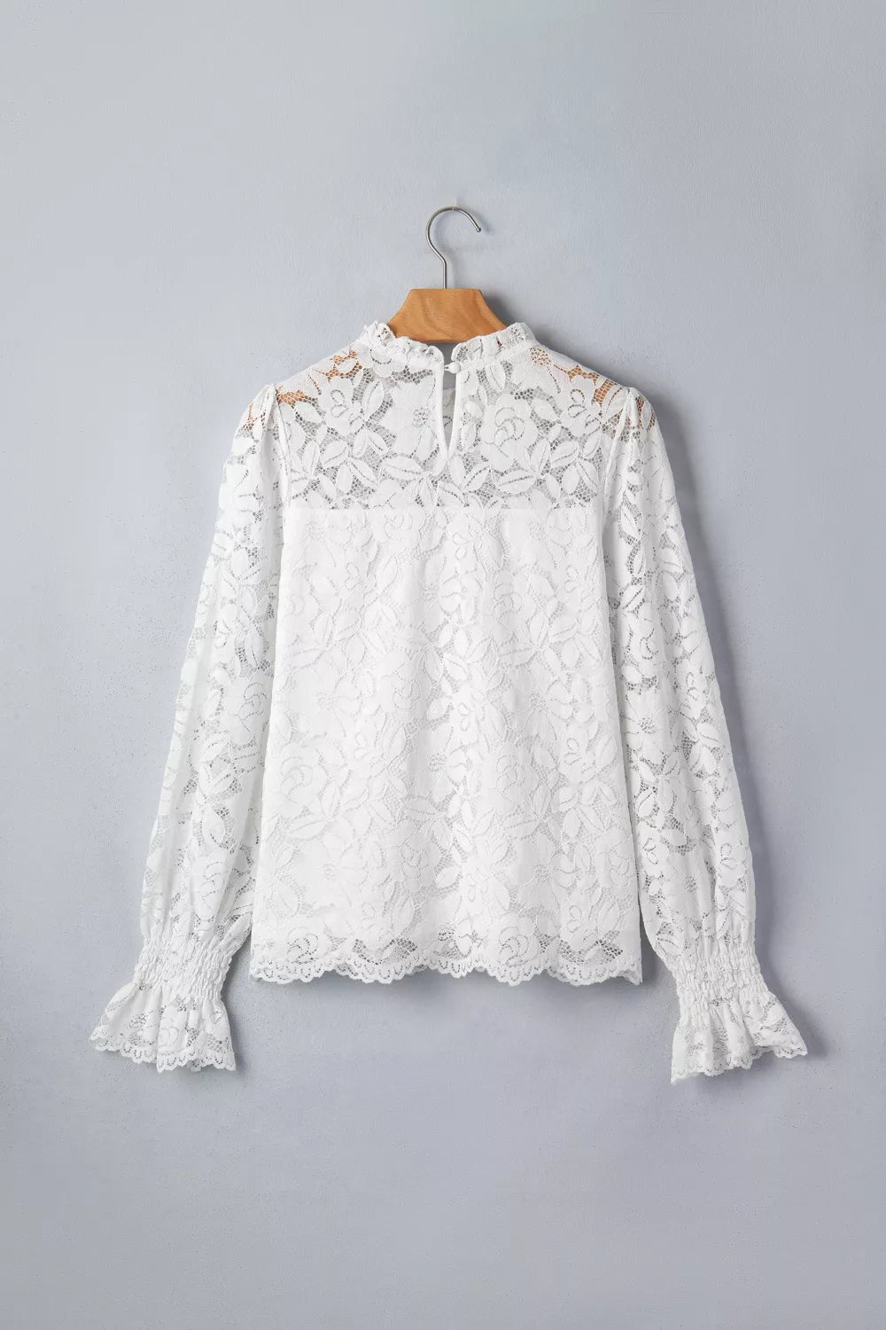 Sheer floral lace blouse with ruffle mock neck and flounce sleeves