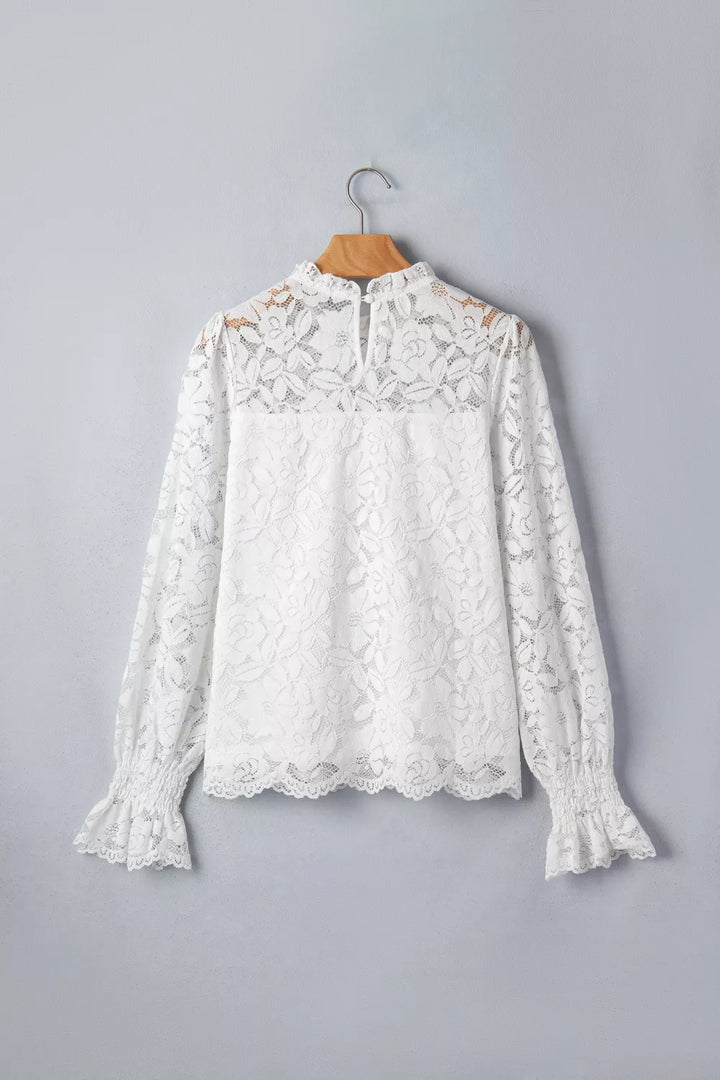 Sheer floral lace blouse with ruffle mock neck and flounce sleeves