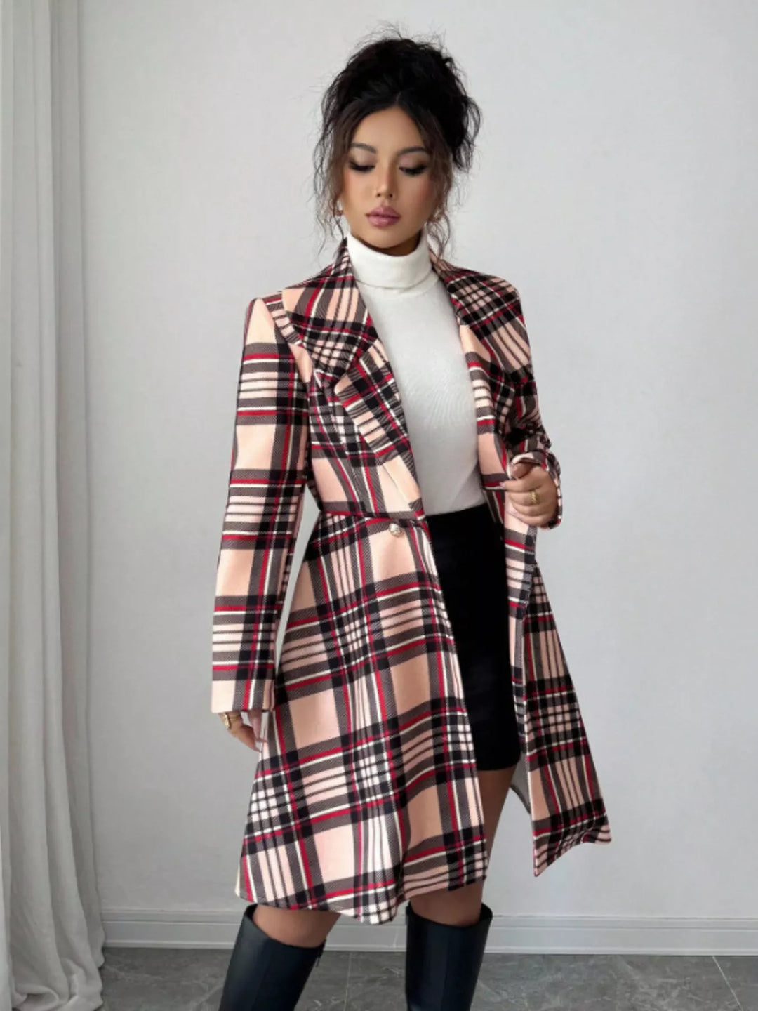 Plaid Plaid notch lapel button-front long sleeve coat