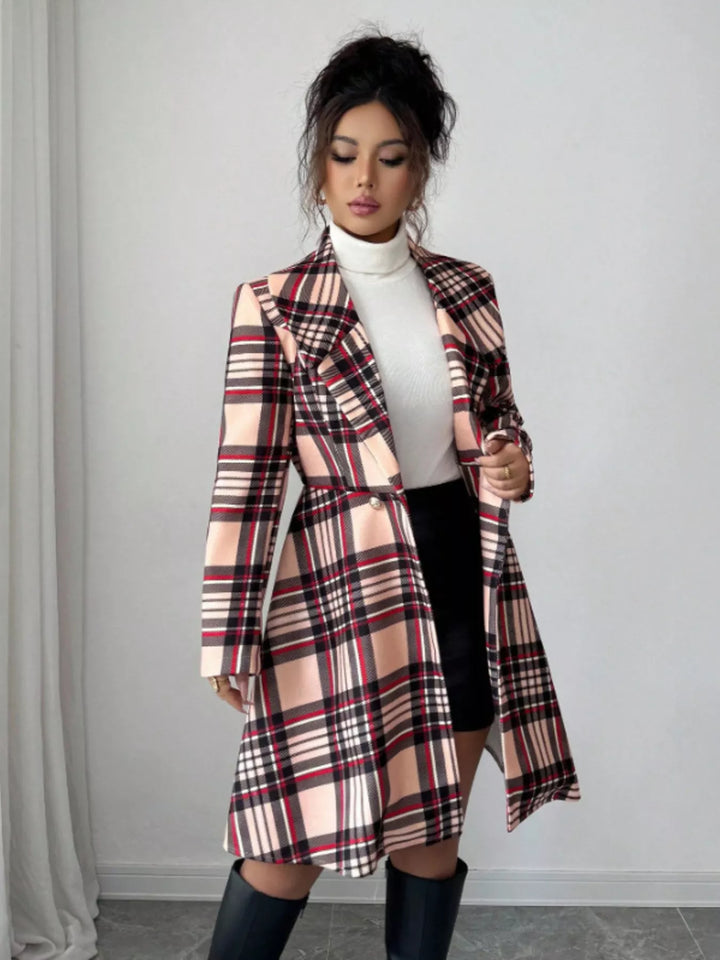 Plaid Plaid notch lapel button-front long sleeve coat