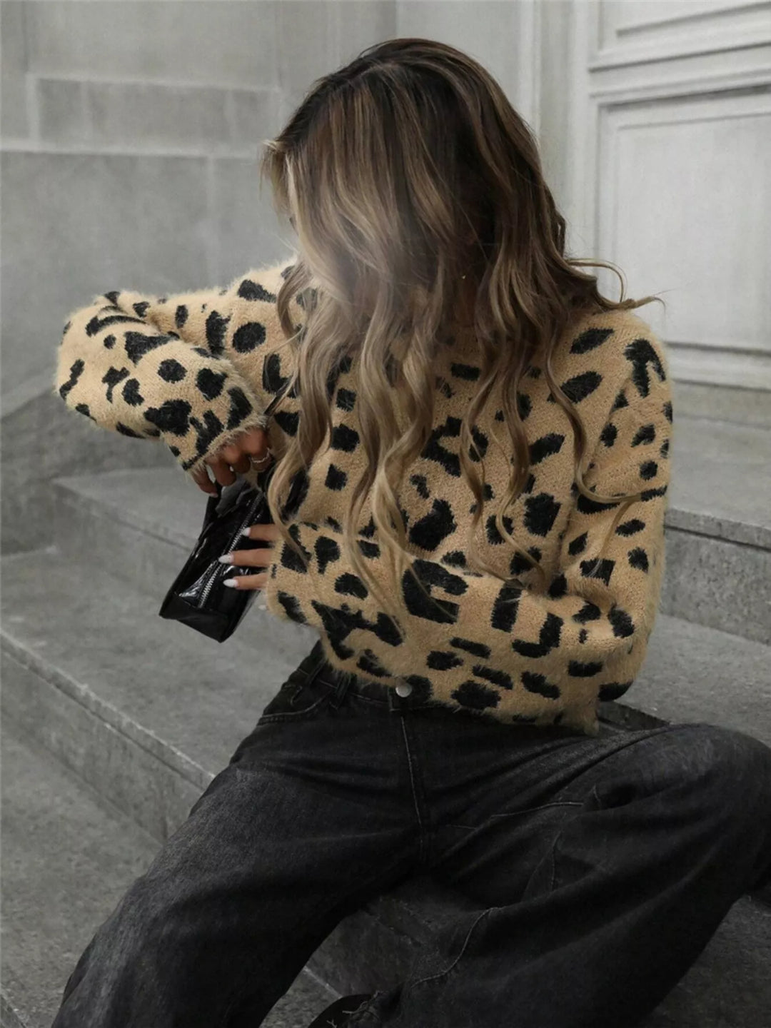 Fuzzy leopard cropped sweater with mock neck