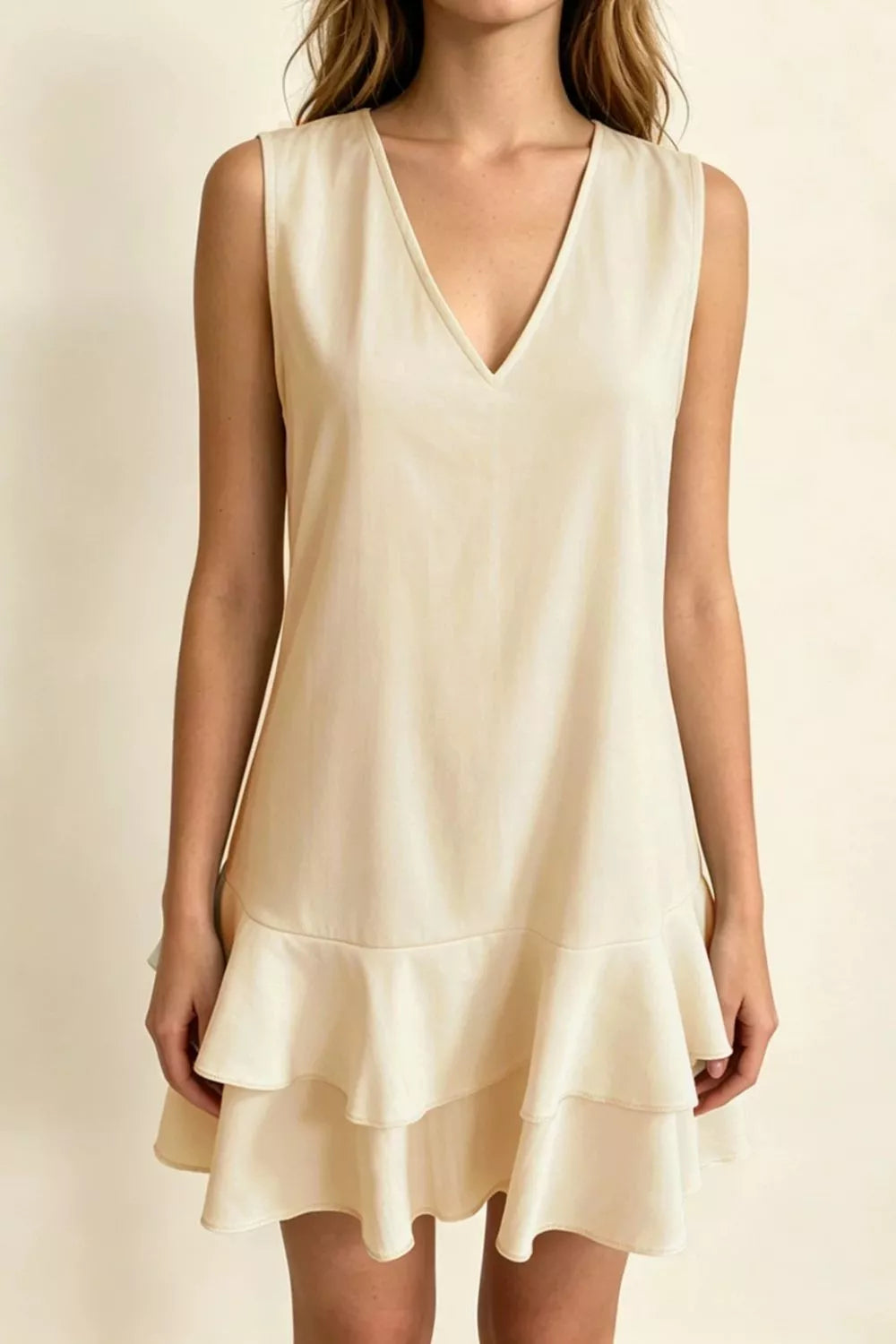 Beige Full Size Sleeveless V-Neck Ruffle Hem Mini Dress Plus Size