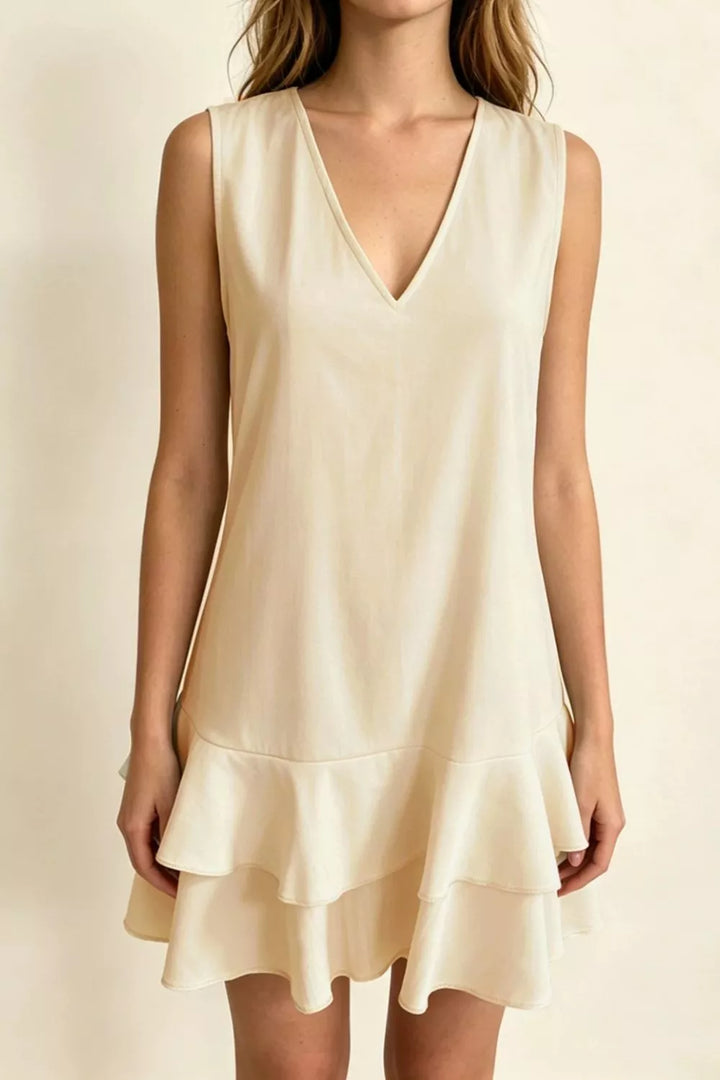 Beige Full Size Sleeveless V-Neck Ruffle Hem Mini Dress Plus Size
