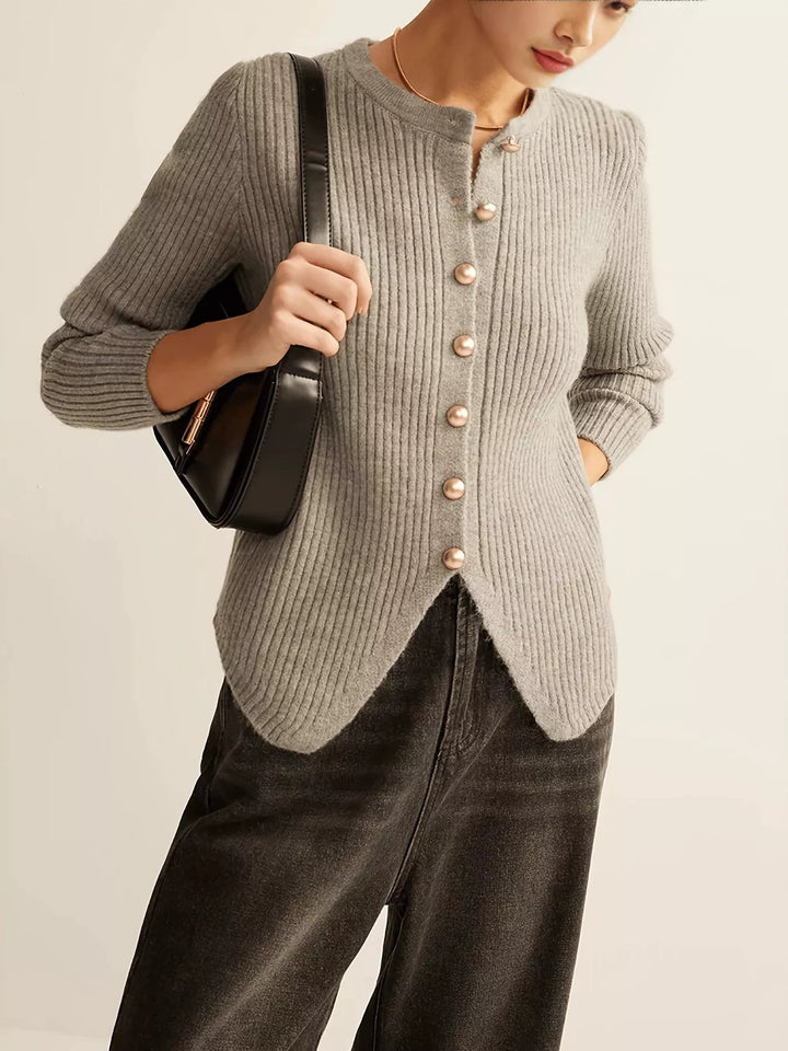 Ribbed knit button-down cardigan with gold buttons